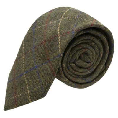 KING & PRIORY Heritage Check Regency Green Tie, Tweed, Mens Necktie