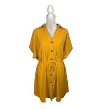 Shein Mustard Yellow Shirtdress Button Up Drawstring Waist High Low Retro L