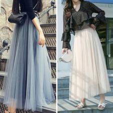 Women Ladies Mesh Tulle Tutu Skirt Layered Pleated Party Swing Maxi Long Skirts