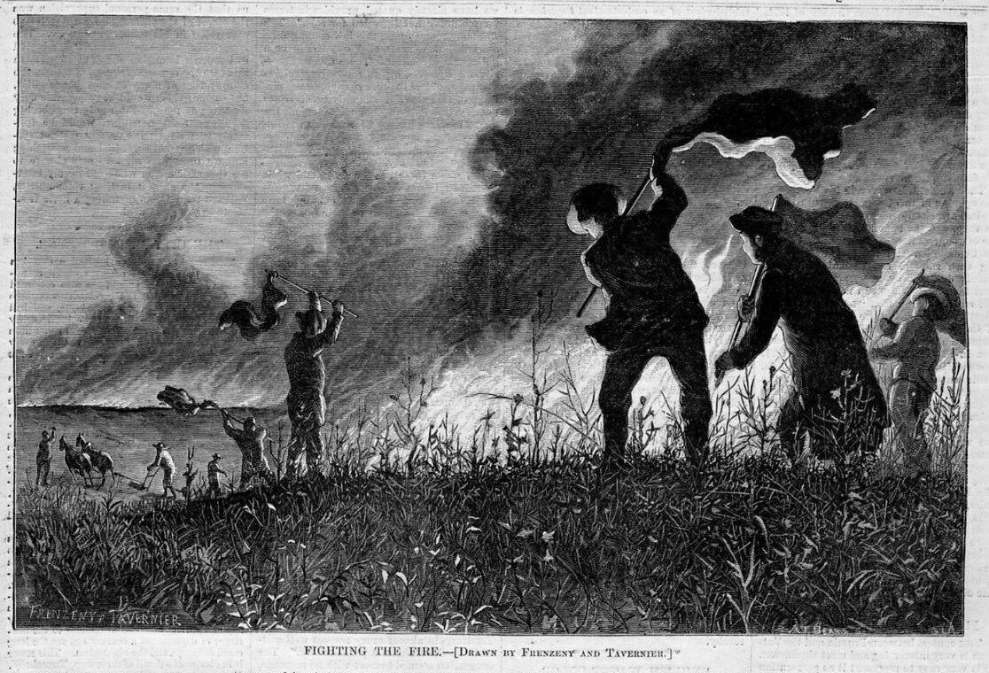 SETTLERS FIGHTING THE PRAIRIE FIRE WITH BLANKETS AND RAGS 1874 ANTIQUE ENGRAVING