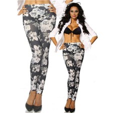 Womens Ladies Basic Super Soft Stretch Flower Print Leggings Slim Pants Trousers