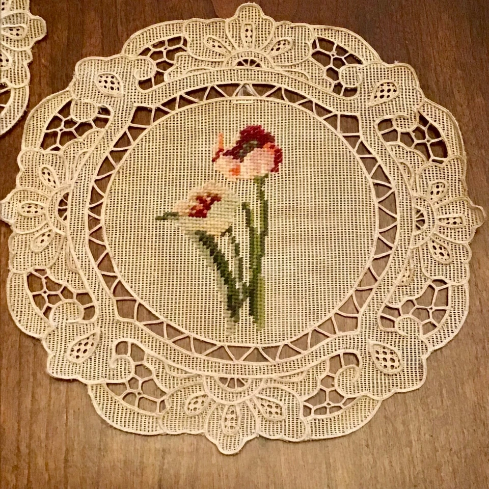 Pair Of Matching Needlepoint Doilys Tulip Pattern - Image 2 of 4