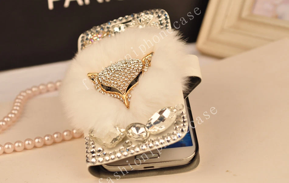 Flip Leather Card Wallet Luxury Bling Diamonds Furry Rabbit Fur Phone Case Cover - Image 2 of 4