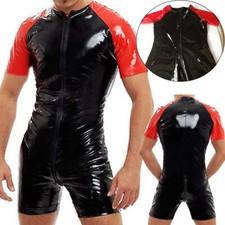 Mens Shiny PVC Leather Rompers Short Sleeve Latex Jumpsuit Zipper Crotch Leotard
