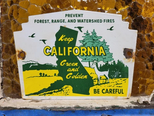 VINTAGE CALIFORNIA PORCELAIN SIGN FOREST SERVICE PREVENT CAMP RANGE PARK FIRES