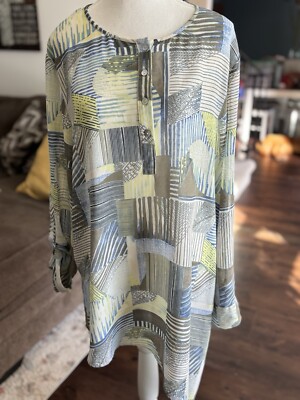Chico s Linear Lines Ali Top Sheer  Fairview Blue Woven Pattern XL (3) Oversized