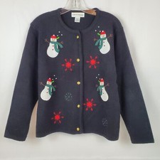 VTG Croft Barrow Christmas Snowmen Sweater Cardigan Button Up Women's M Black