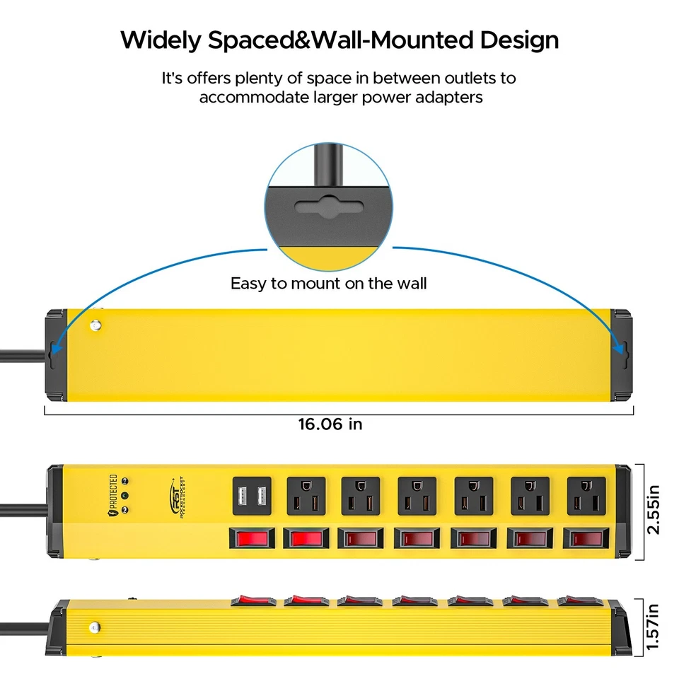 6 Outlet Heavy Duty Power Strip Surge Protector with Individual Switch+2USB port - Image 2 of 4
