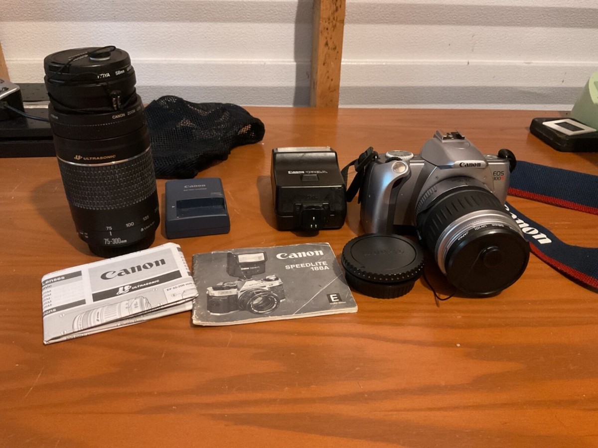 Canon EOS 300V 35mm film camera w/ 75-300mm lens,188A speedlite