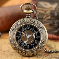 Exquisite Pocket Watch Hand Wind Mechanical Skeleton Pendant Chain Half Hunter