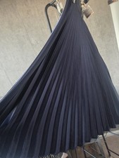 Vintage Silky Navy Blue Pleated Swing Fitted Flare Midi Skirt Knee wedding 12