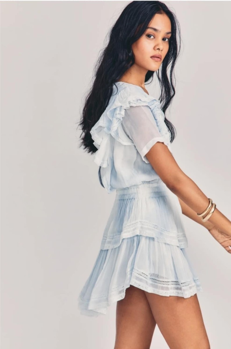 LoveShackFancy NATASHA Bedroom Blue Tiered Ruffle Chiffon Mini Dress Sz L |  eBay