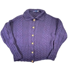 British Wool Naturally Fisherman’s Sweater XL Purple Cable Knit Collared Button