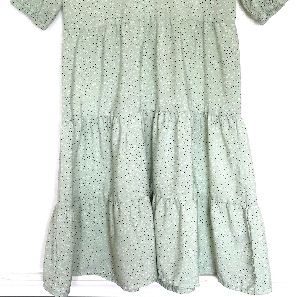 H&M Dress Girls Size 8 Sage Green Geometric Tiered Dress Puff Sleeve Lightweight - Image 4 of 4