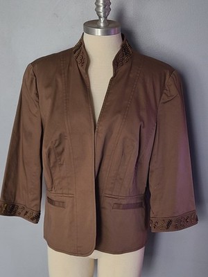 Coldwater Creek Brown Cotton Blend Jacket w/Button Bead Trim  Sz 16 3/4 Slv C2