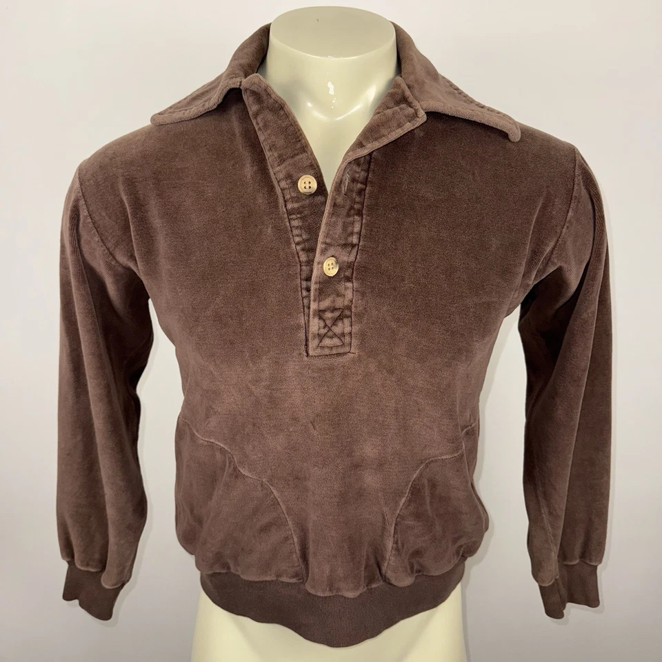 复古丝绒衬衫男式迪斯科嬉皮士伍德斯托克溜冰鞋 70 年代 80 年代柔软棕色中号 — 第 2/4 张图片