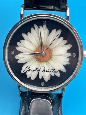 Harold Feinstein Daisy Black Background Round Watch Faux Leather Black Band