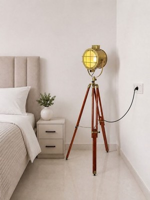 Nautical Brass Floor Spotlight | Vintage Wooden Tripod Lamp for Modern Interiors