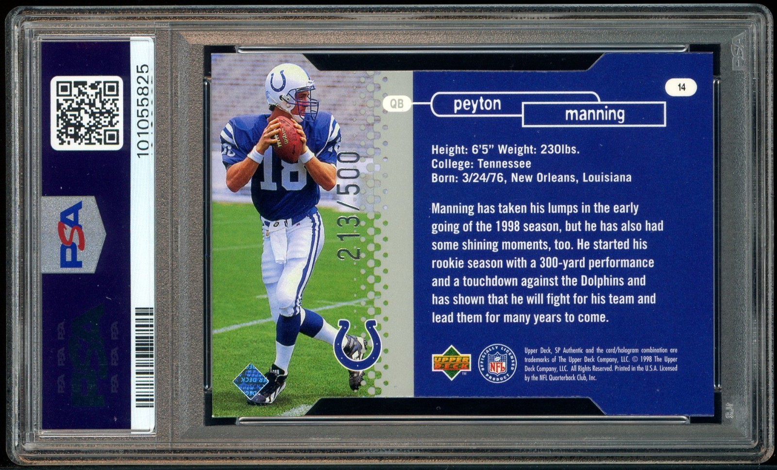 1998 SP Authentic Die-Cut #14 Peyton Manning Colts RC Rookie HOF /500 PSA 9 view 3