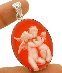 Italian Cameo Pensive Angel 925 Sterling Silver Pendant @20-4