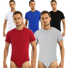 Men Short Sleeve Press Button Crotch Cotton Leotard One Piece Casual Bodysuit
