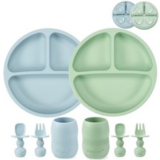 Silicone Baby Feeding Set 2 Pack Silicone Divided Suction Plate and 2 Pack T...