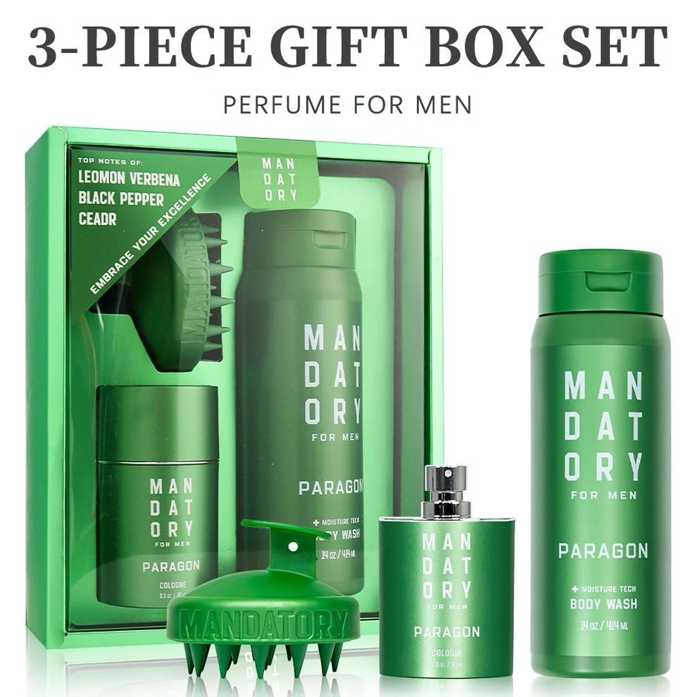 Mandatory Paragon Men's Grooming Gift Set Cologne, Body Wash & Shampoo Brush