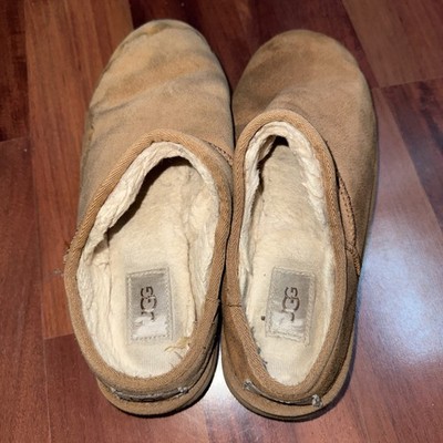UGG Women's Brown Suede Slip-On Slippers Red Trim Shearling Lined