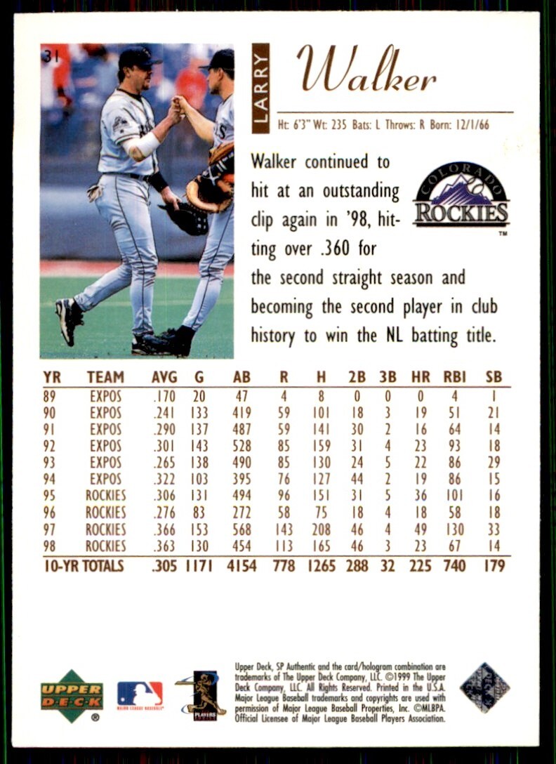 1999 SP Authentic Larry Walker Colorado Rockies #31 MLB Baseball