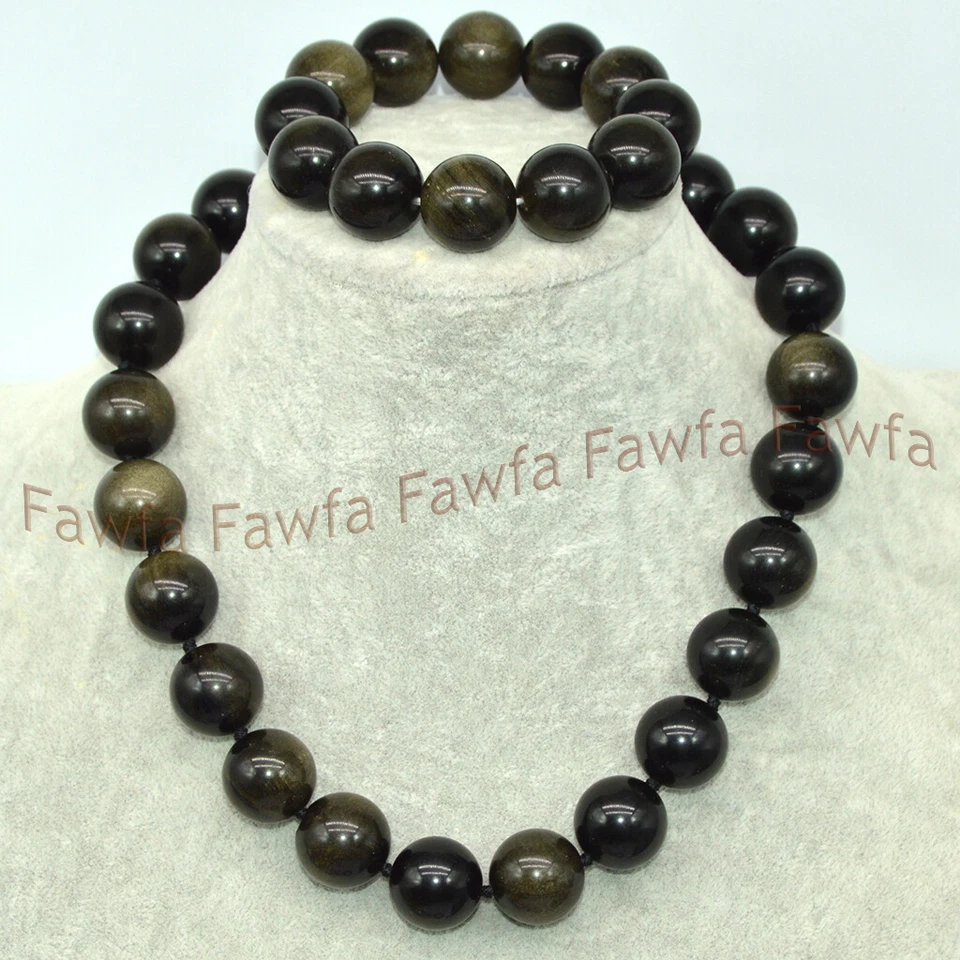 Enorme conjunto de brazalete collar cuentas piedras preciosas redondas ojo oro natural de 18 mm Foto 2 de 4