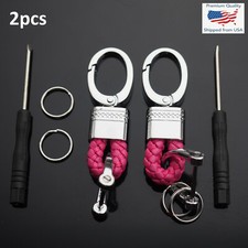 2pcs Rose  Silver Woven Leather Fob D-Ring Keychain Key Split Rings Holder Clip