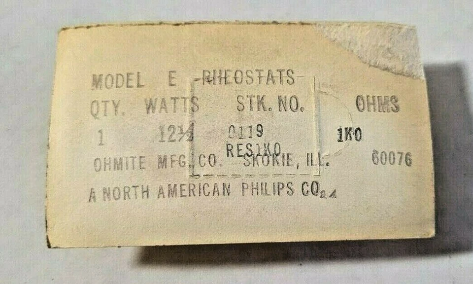 OHMITE 12.5 Watts Model E 0119 Rheostat 1k Ohms Made in USA - Image 2 of 2