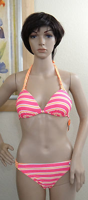 O'RAGEOUS pink/orange/white stripe push up halter top&dot string side bottom,M