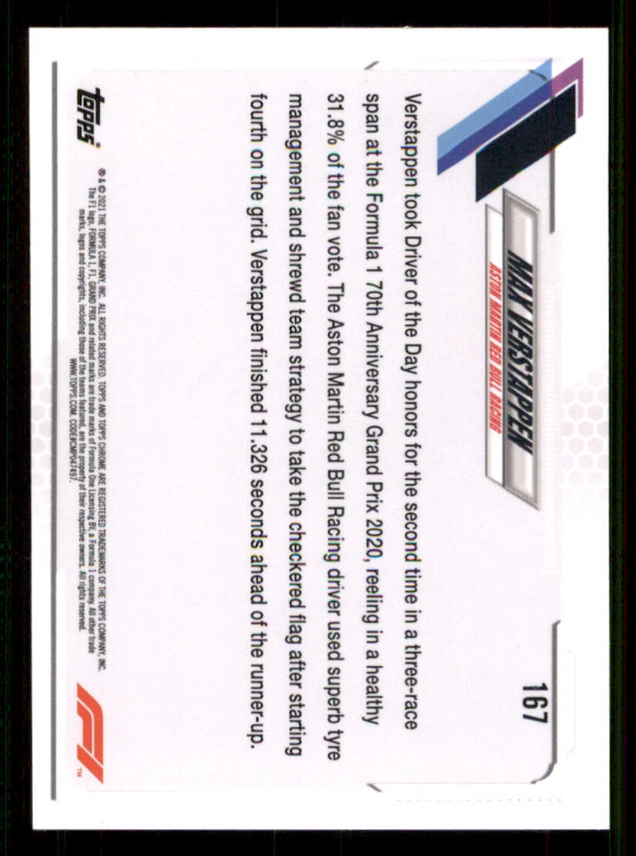 2021 Topps Chrome Formula 1 #167 Max Verstappen/Driver of the Day - Image 2 of 2