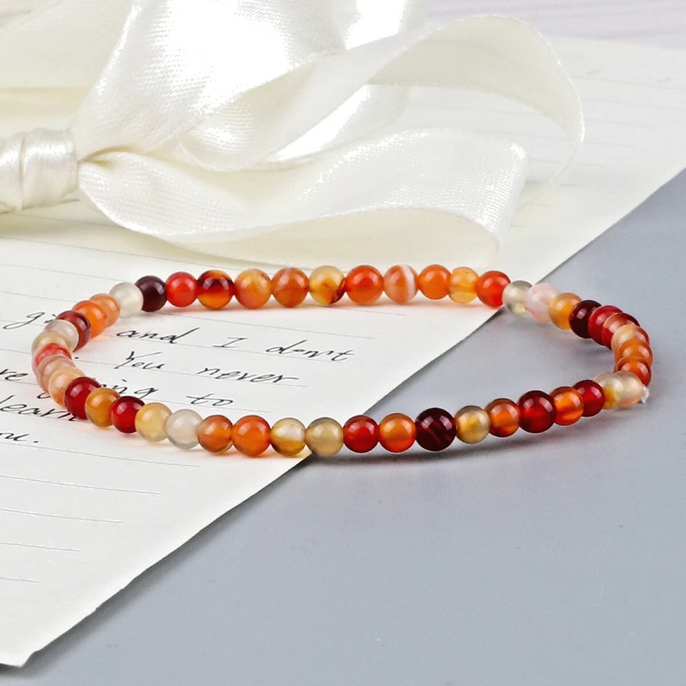 Natural Carnelian 4mm Crystal Gemstone Beads Dainty Stretch Bracelet Minimalist - Image 3 of 4