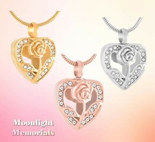New Heart Rose Flower Crystal Cremation Urn Keepsake Ashes Memorial Necklace
