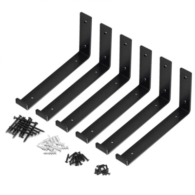 6 Packs Black Wall Hook Iron Shelf Brackets with Lip Bracket 10/"L x 6/"H x 1½/"W