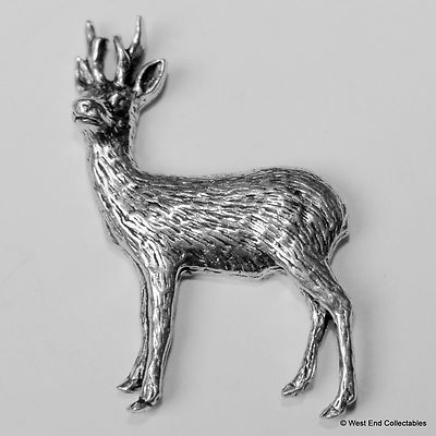 Stehender Reh Hirsch Zinn Anstecknadel Brosche - britischer Handwerker signiert Abzeichen - Jagd
