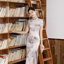 Women Chinese Traditional Floral Satin Qipao Dress Short Sleeve Slim Cheongsam