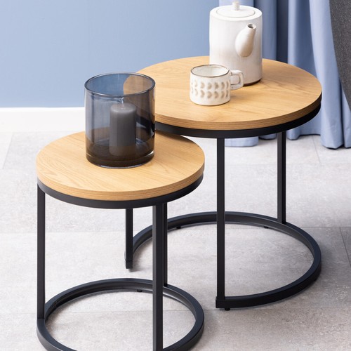 Spiro Nesting Tables | Round Oak Tops | Black Steel Base | Fast UK Delivery - Picture 4 of 7
