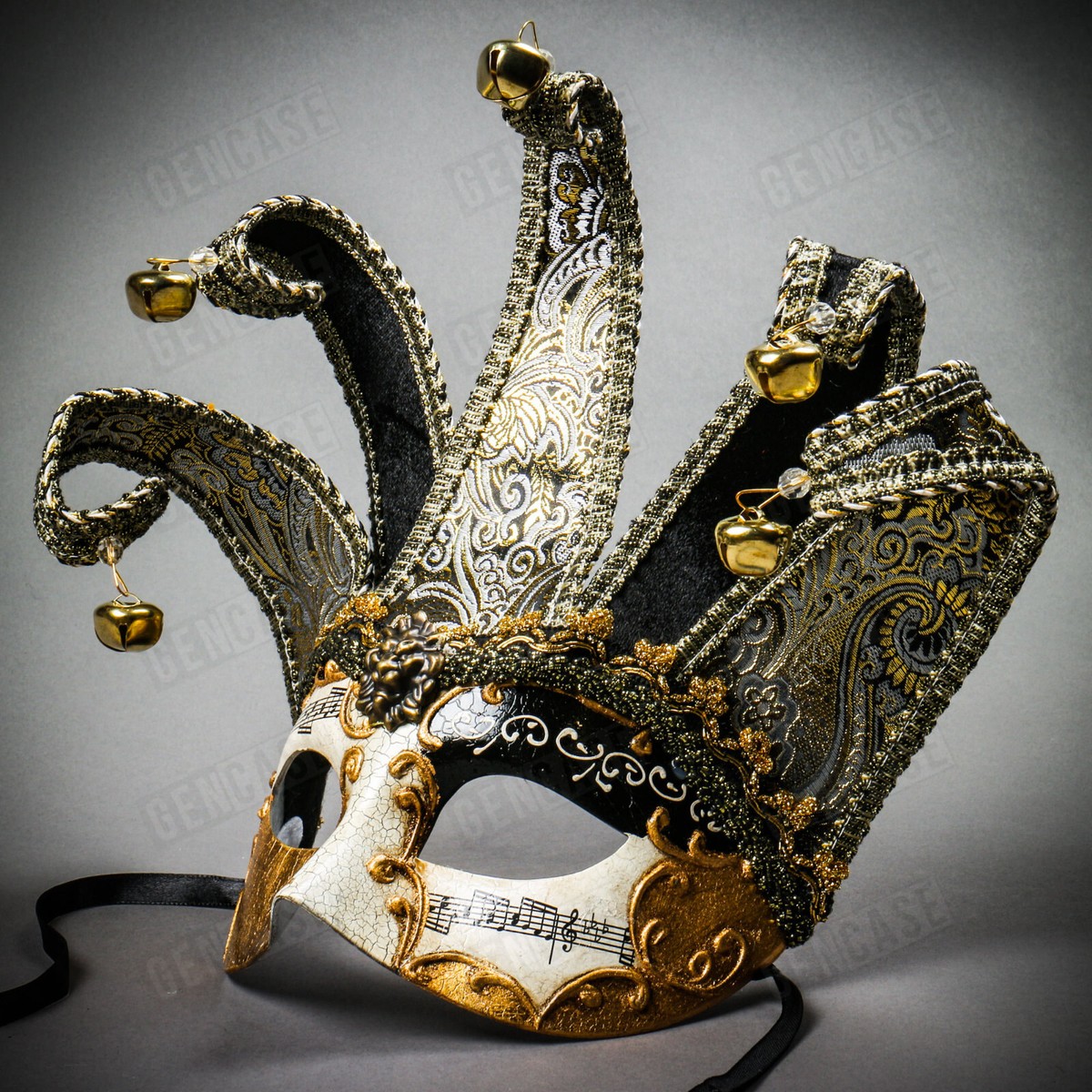 Black Gold Musical Venetian Jolly Jester Masquerade Half Face Eye