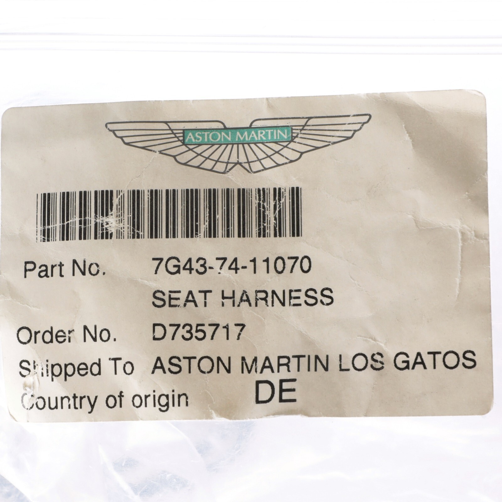 GENUINE ASTON MARTIN SEAT HARNESS OEM NEW 7G43-74-11070