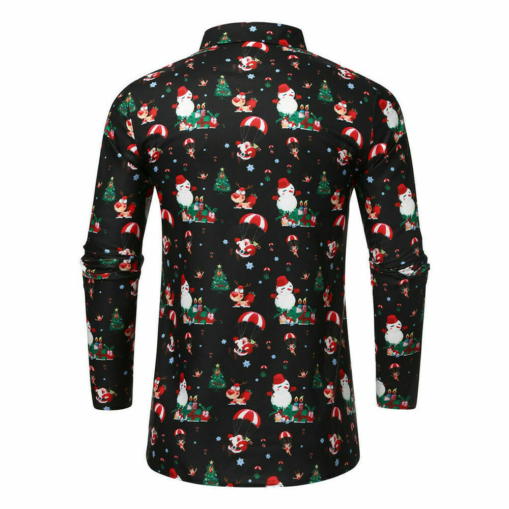 MEN CHRISTMAS BUTTON DOWN SHIRT LONG SLEEVE COLLAR TOPS XMAS CASUAL