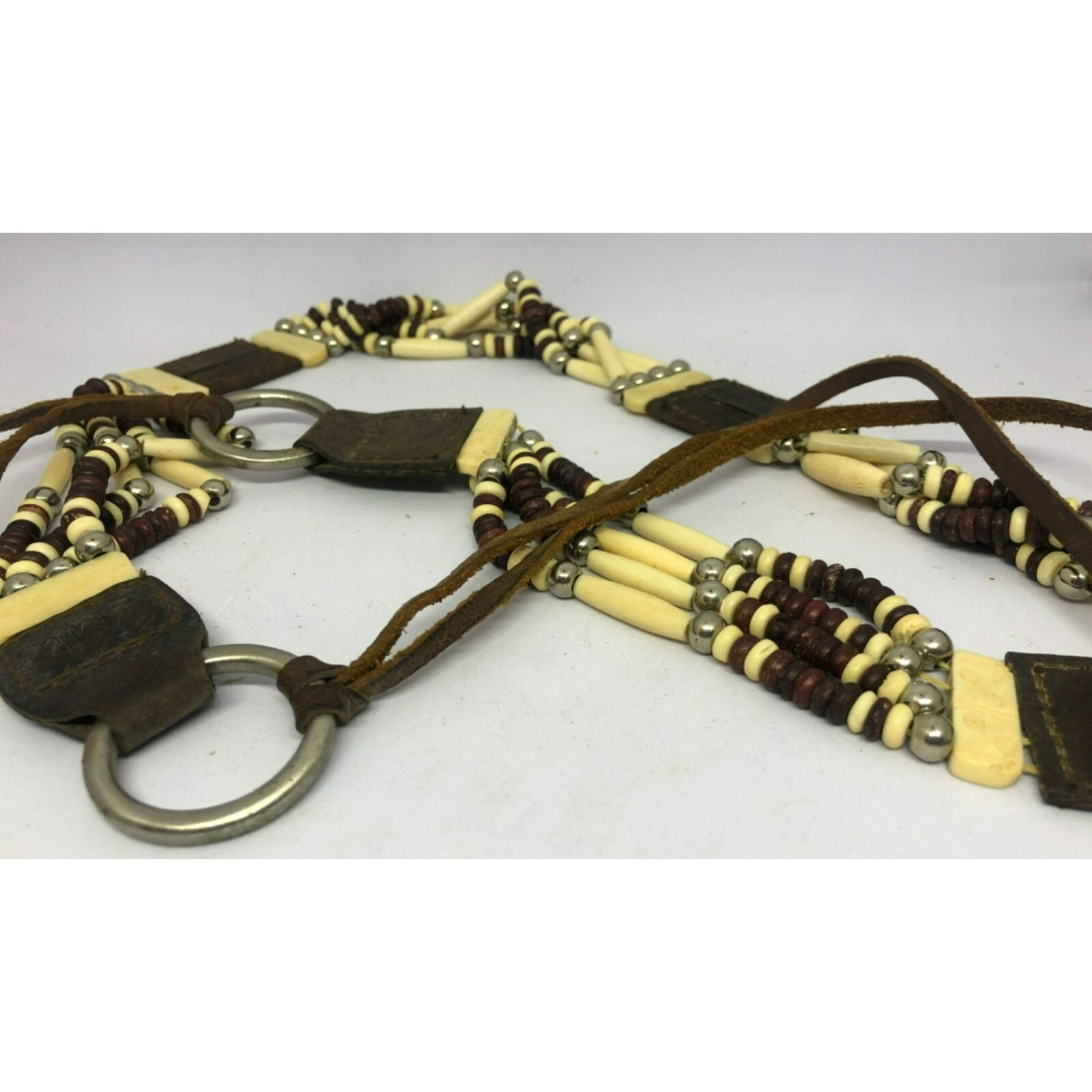 Beaded Retro Belt, Hairpipe Beads, Round Beads, Leather, 31", 1 1/4