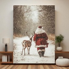 Santa Claus Reindeer Wall Art Print, Forest Snowfall in Winter Christmas Poster