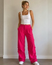 Women  s Pink Solid Wide-Leg Dress Pants Pockets Twill Polyester M. 0046