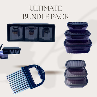 Ultimatives Küchenpaket - Gewürzbox, Knitterschneider & schwarzer Vorratsbehälter