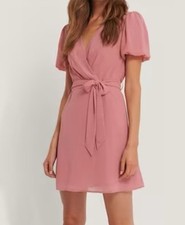 NWT NA-KD Rose Pink Wrap Mini Dress | Puff Sleeve Skater Sundress | Boho Chic S