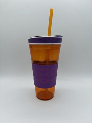 Snackeez 2 in 1 Orange and Purple Snack & Drink Cup-Top Snaps Tight Has Straw