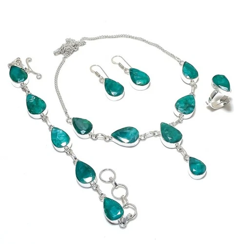 Faceted Zambian Emerald Pear Gemstone Ethnic 925 Sterling Silver Jewelry Set q36